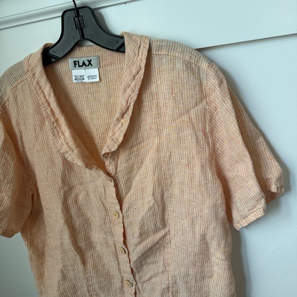 FLAX Linen Shirt Medium Womens Short Sleeve Boxy Oversize Button Up Orange Boho - Picture 4 of 5
